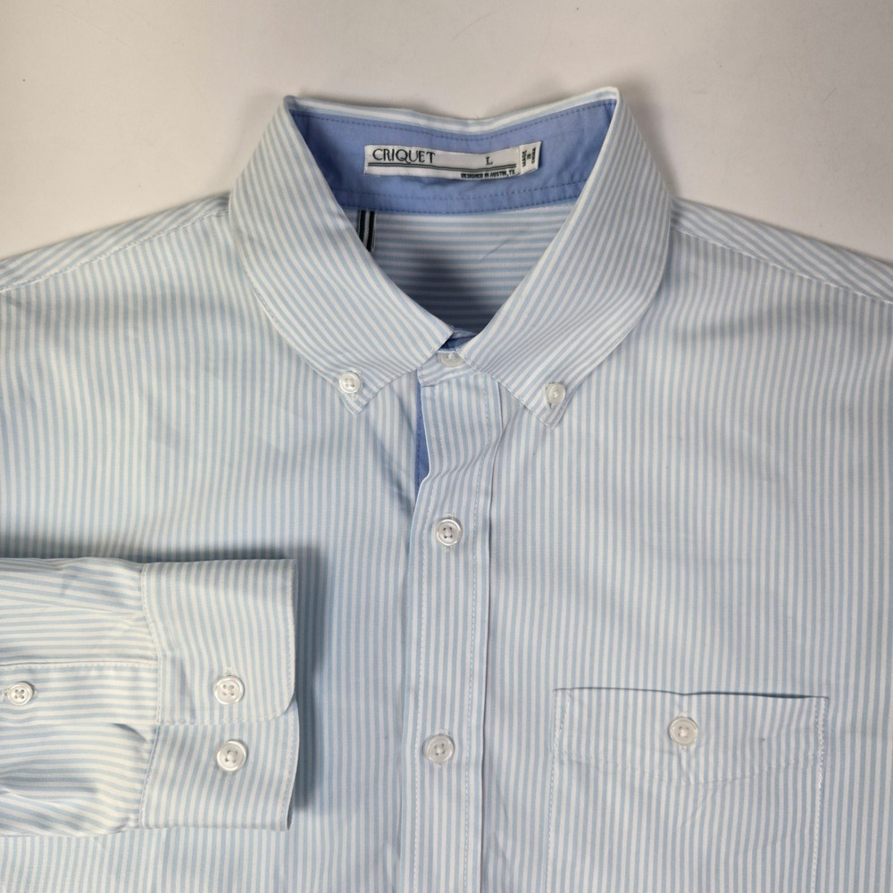 Criquet Shirt Mens L Light Blue White Striped Button Down Long Sleeve Pocket